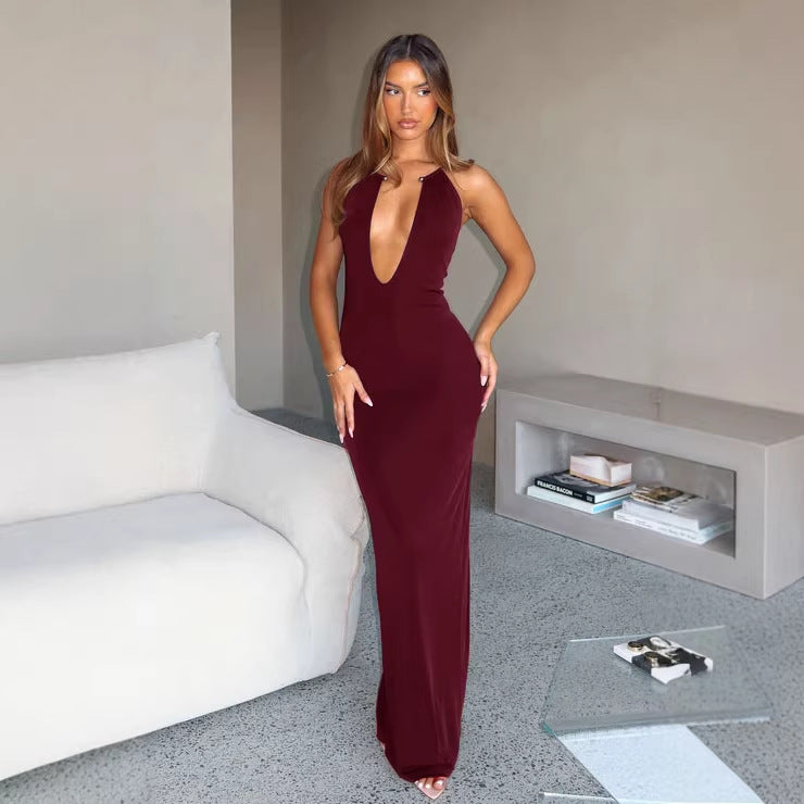 Damen Elegantes Maxikleid mit tiefem V-Ausschnitt und figurbetontem Schnitt Drune