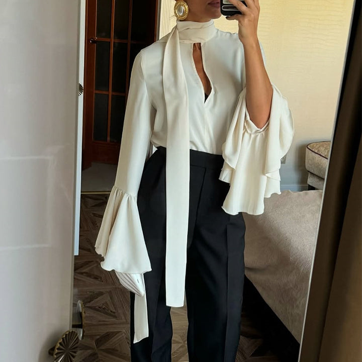 Damen Elegante Bluse mit voluminösen Ärmeln und Bindegürtel Drune