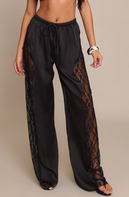 Damen Elegante Satin-Hosen mit Spitzenakzenten Drune