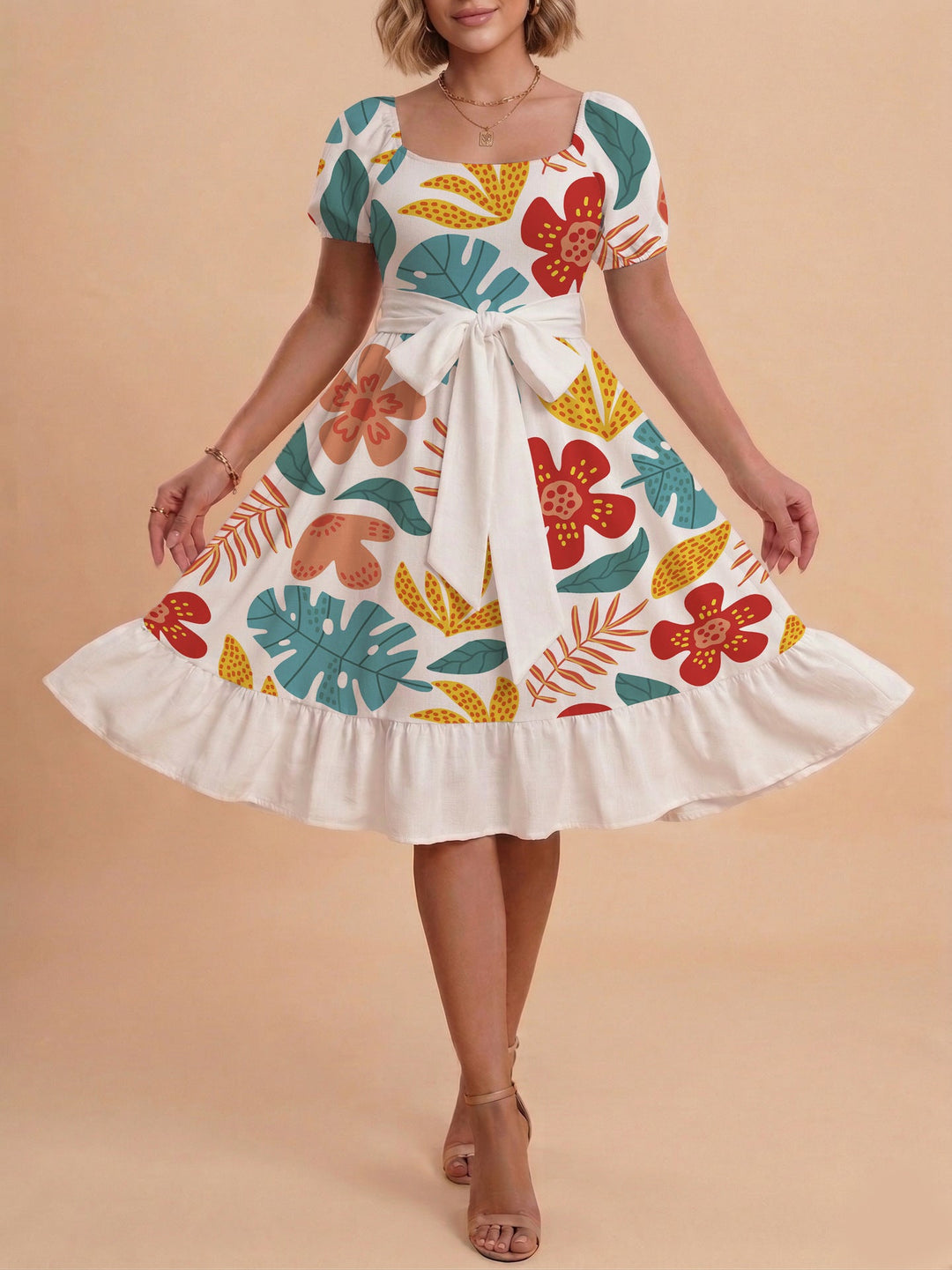 Damen Sommerliches Blumenkleid mit taillierbarem Gürtel und voluminösen Ärmeln Drune