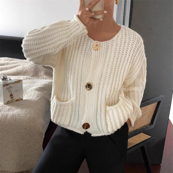 Damen Grobstrick-Jacke mit eleganten Knöpfen und Taschen Drune