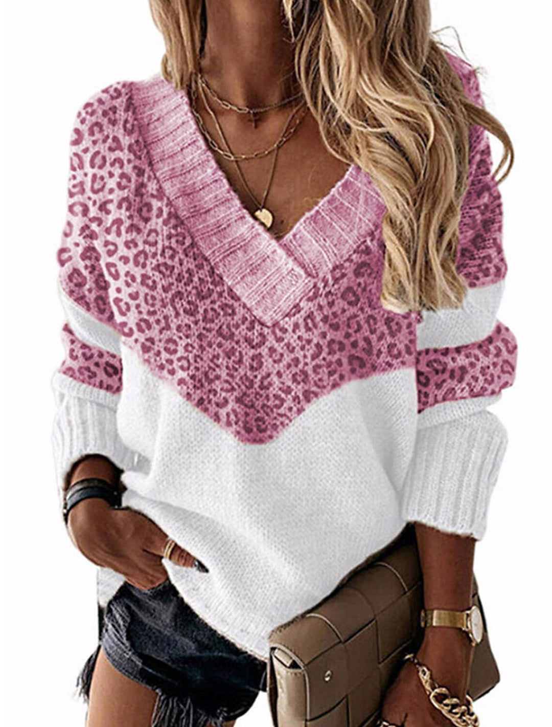 Damen V-Ausschnitt Pullover mit Leopardenmuster Drune