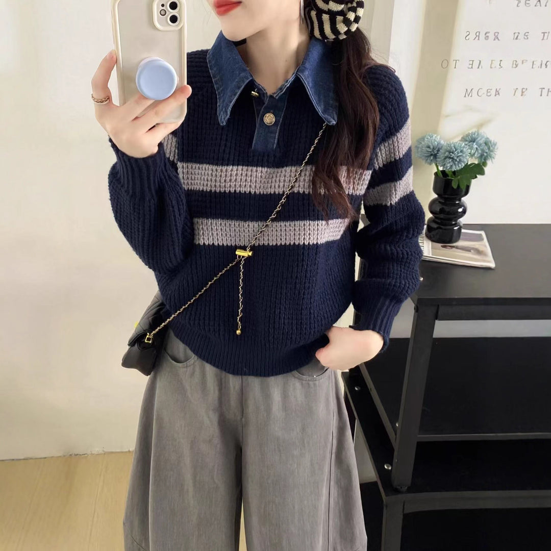 Damen lässiger Strickpullover mit Kragen und gestreiftem Design Drune