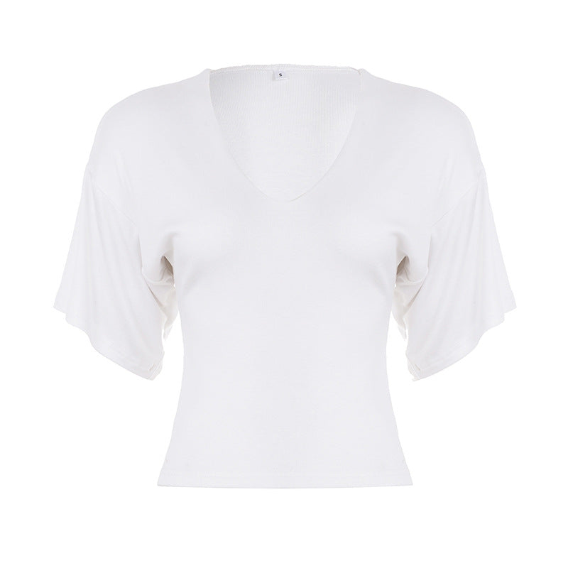 Damen lässiges Cropped T-Shirt mit V-Ausschnitt und oversized Ärmeln Drune