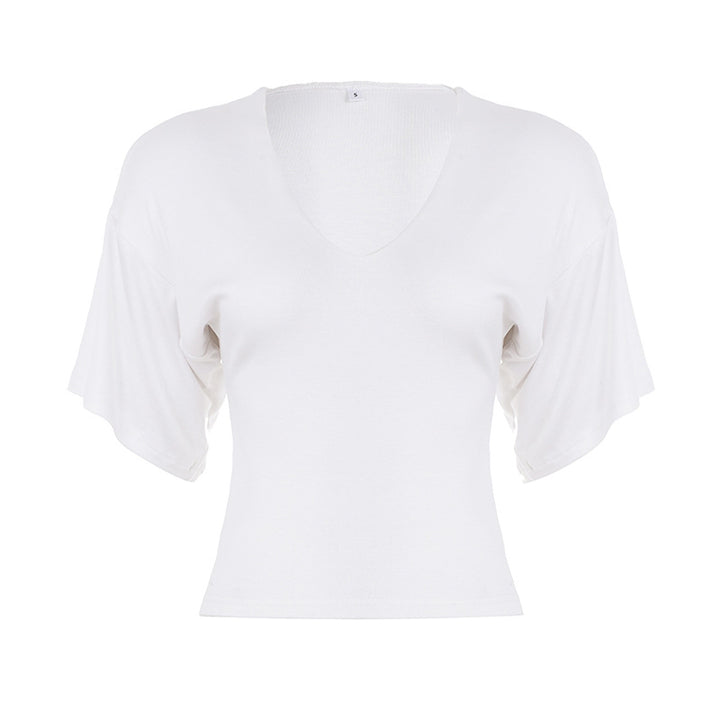 Damen lässiges Cropped T-Shirt mit V-Ausschnitt und oversized Ärmeln Drune