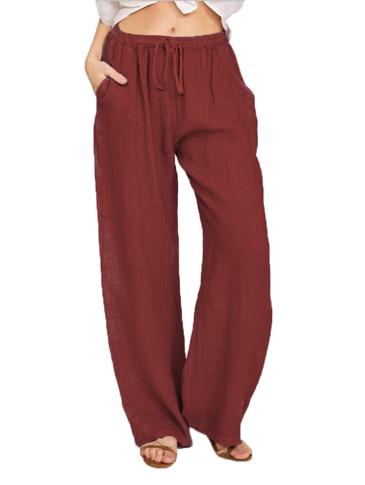 Damen lässige Leinenhose mit weitem Bein und elastischem Bund Drune