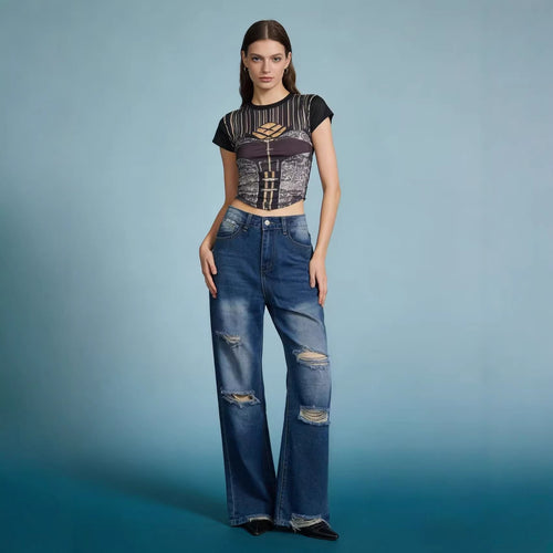 Damen nan hochgeschnittene Relaxed-Jeans mit weitem Bein, Knie-Rips und rohem Saum Drune