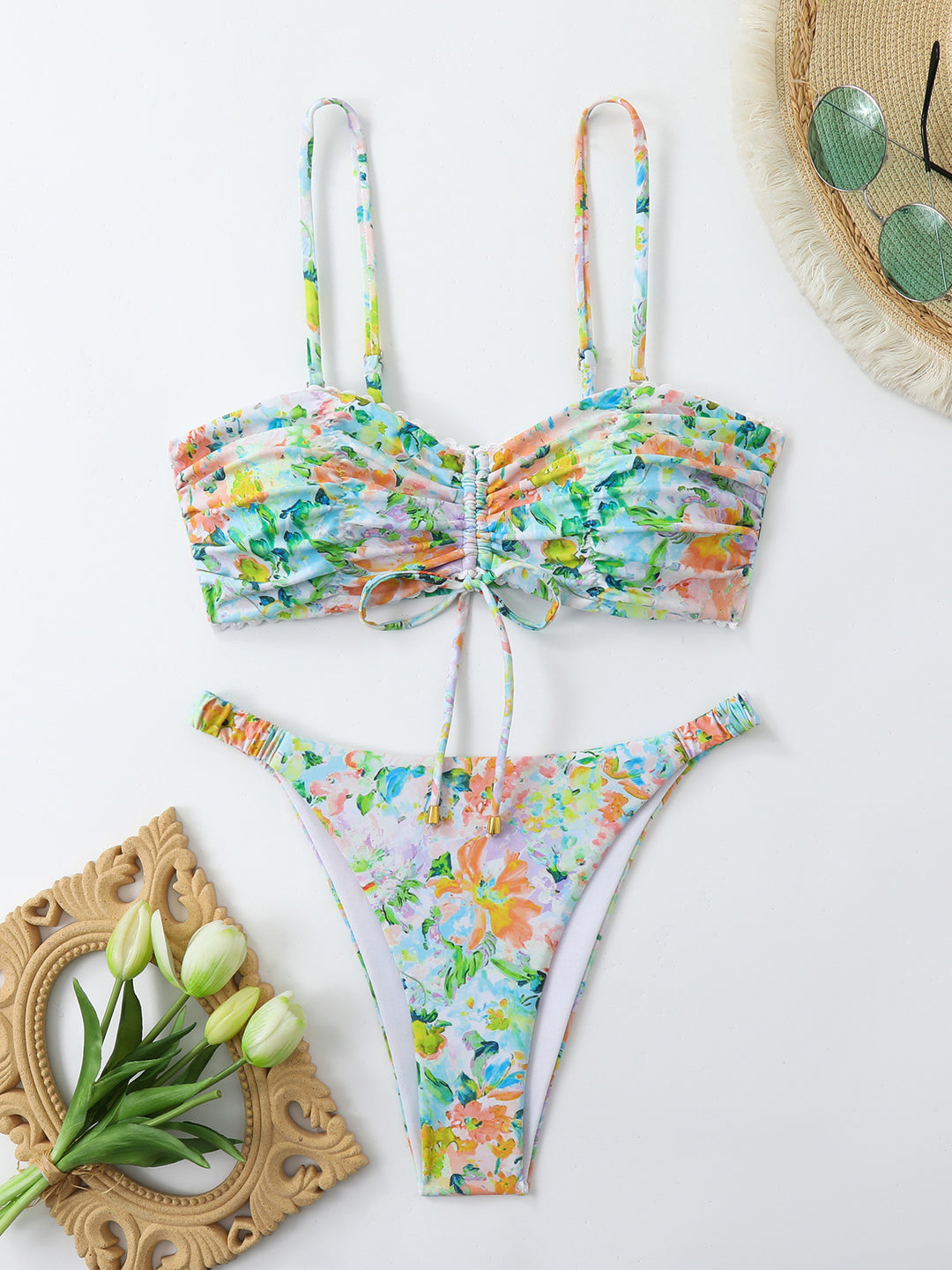 Damen Bikini-Set mit gerafftem Oberteil und hoch taillierten Hosen Drune