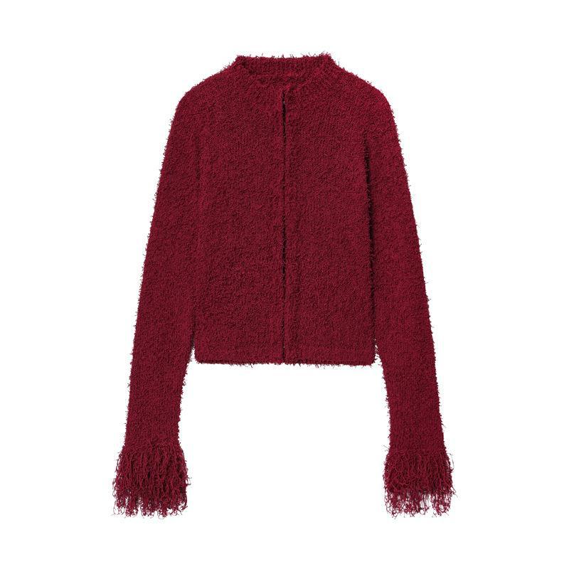Damen modischer Strickjacke mit fransenärmel und hohem Kragen Drune