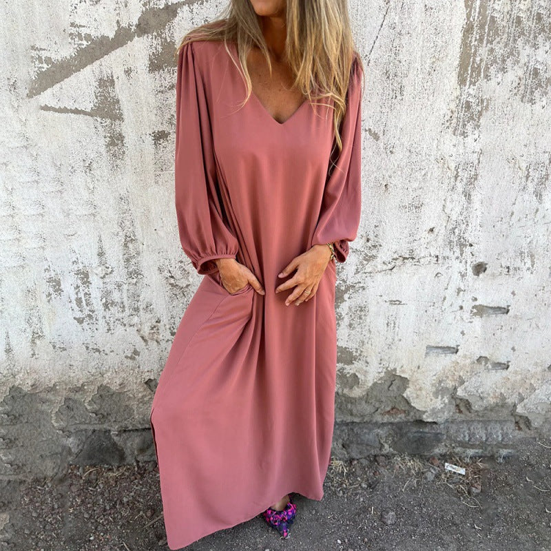 Damen Maxikleid mit tiefem V-Ausschnitt und praktischen Seitentaschen Drune
