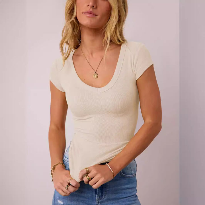 Damen figurbetontes V-Ausschnitt T-Shirt mit kurzen Ärmeln Drune