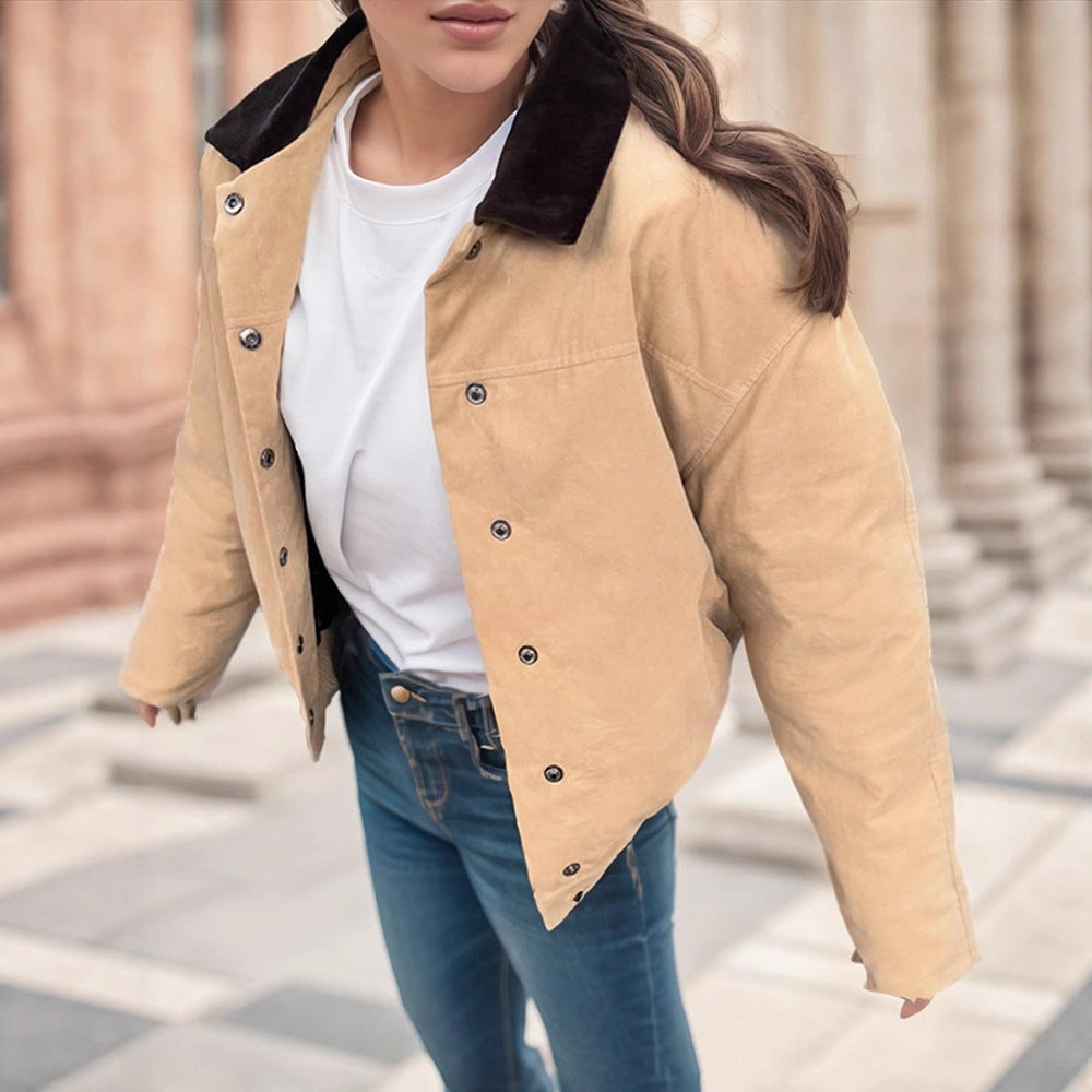 Damen modische Oversized-Jacke mit Samtkragen und Druckknopfverschluss Drune