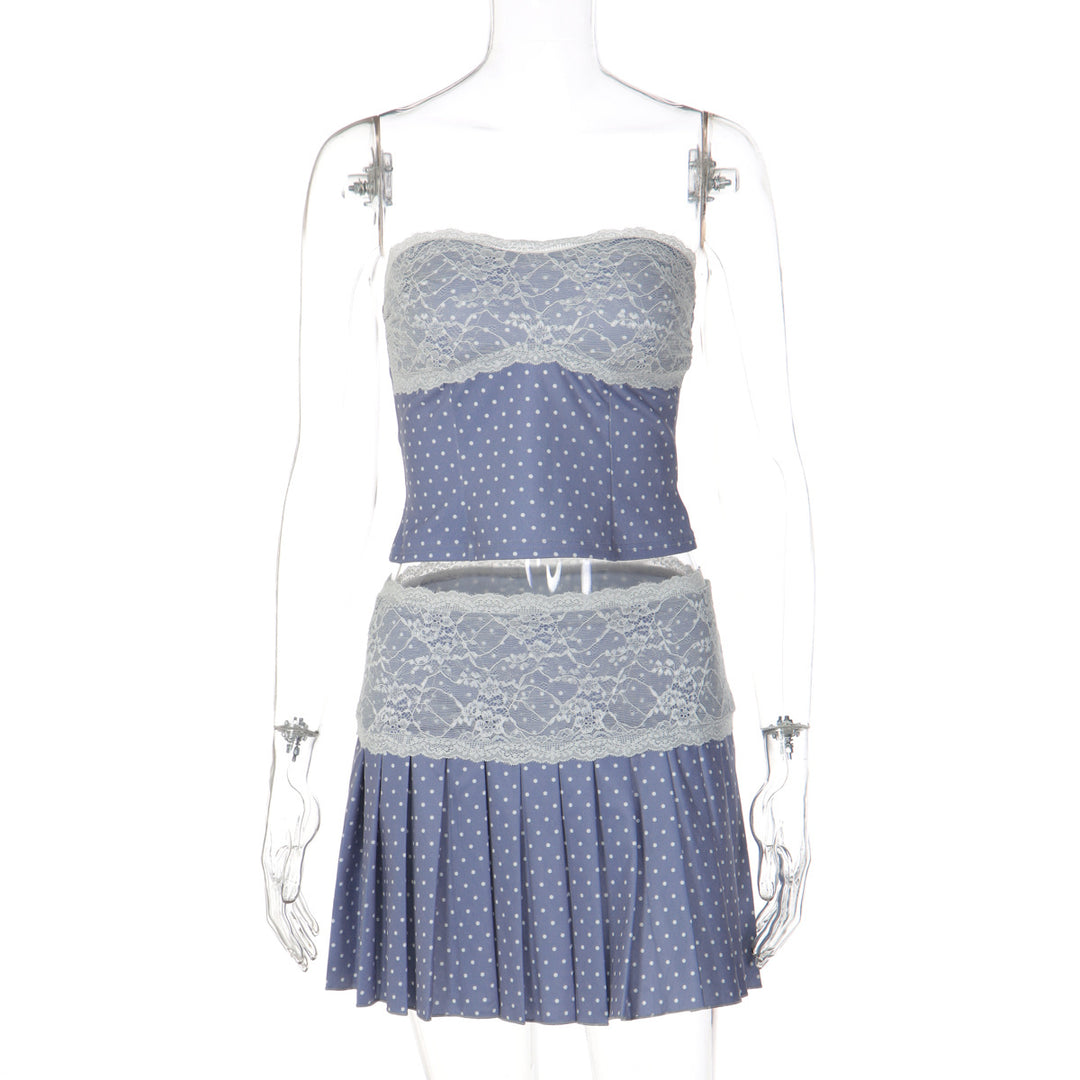 Damen Bandeau Kleid mit Spitzenbesatz und Plisseefalten Drune