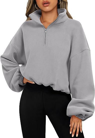 Damen nan kurz geschnittenes Halbzip-Sweatshirt mit hohem Stehkragen, Ballonärmeln und elastischem Saum Drune