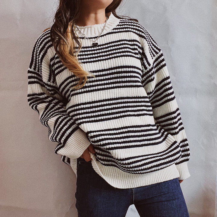 Damen lässiger Strickpullover mit breiten Streifen und überschnittenen Schultern Drune