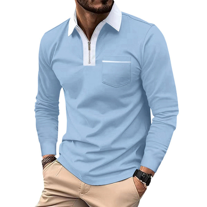 Herren Modisches Langarm-Polohemd mit Reißverschluss und Brusttasche Drune