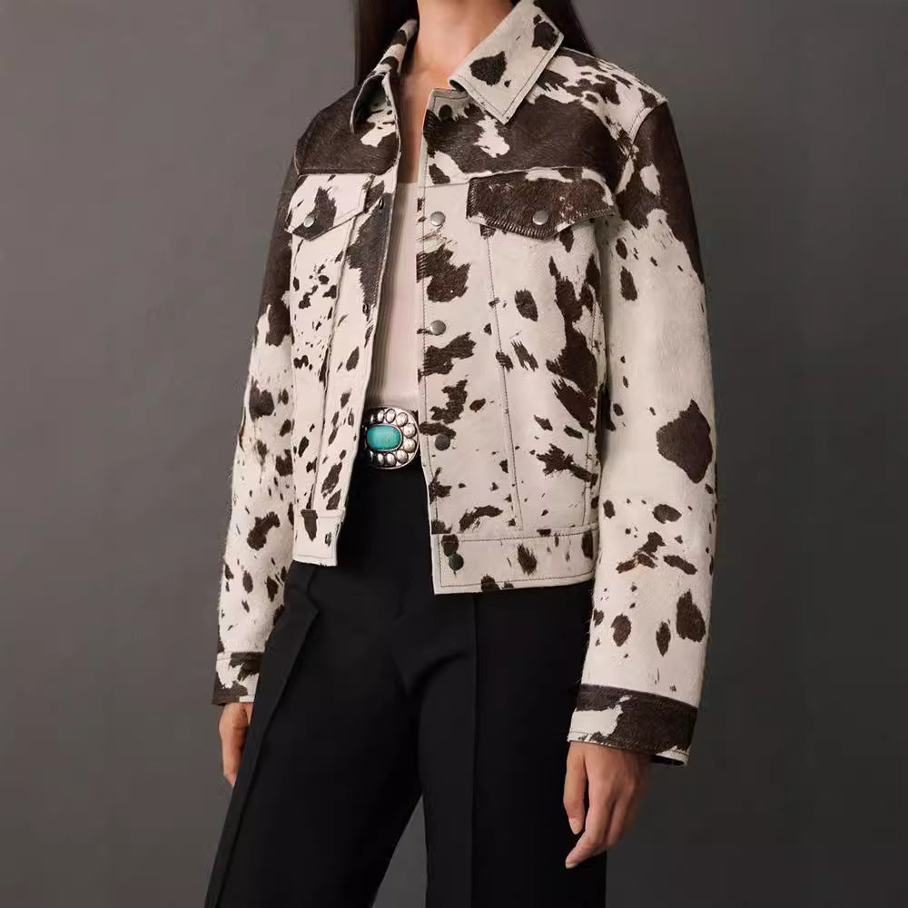 Damen Denim-Jacke im lässigen Cow-Print mit strukturierten Akzenten Drune