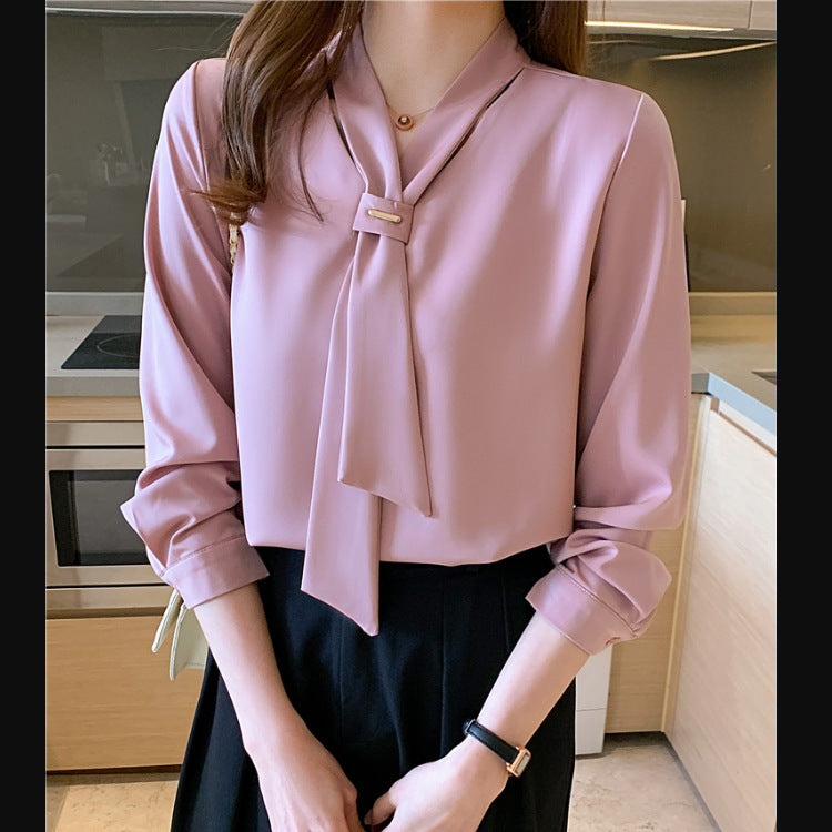 Damen Bluse mit elegantem Schlaufenkragen und seidigem Finish Drune