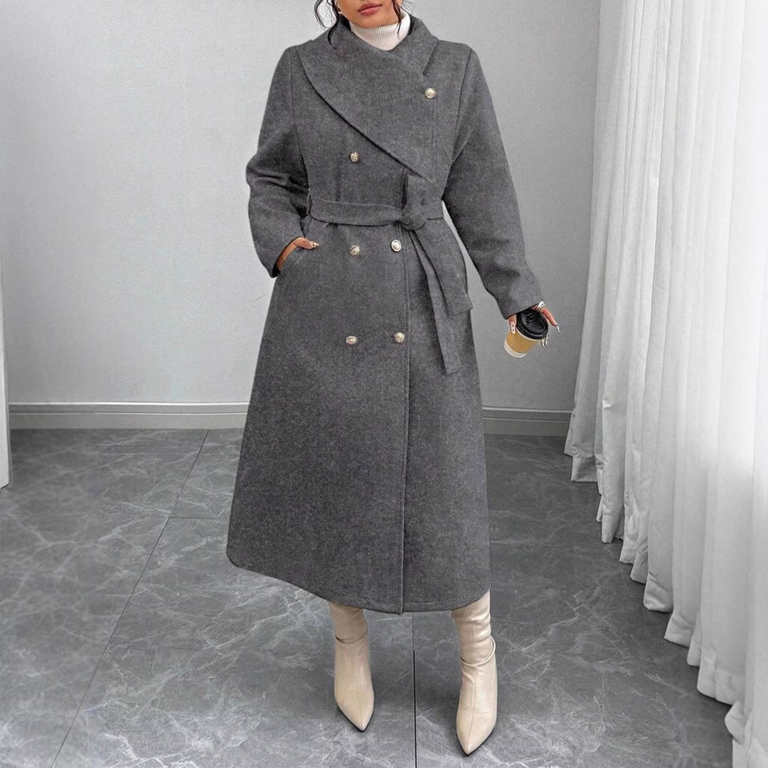 Damen eleganter wärmender Wollmantel mit doppelter Knopfleiste und einem Gürtel Drune