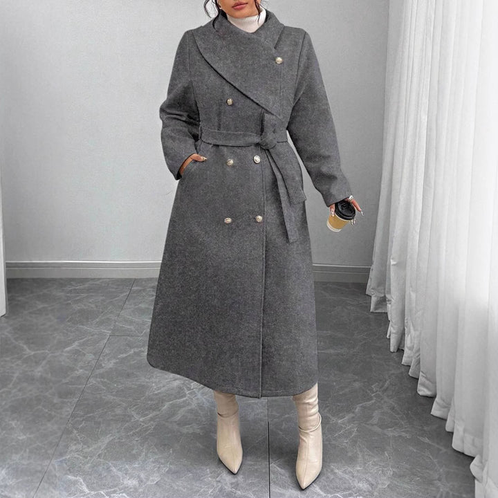 Damen eleganter wärmender Wollmantel mit doppelter Knopfleiste und einem Gürtel Drune