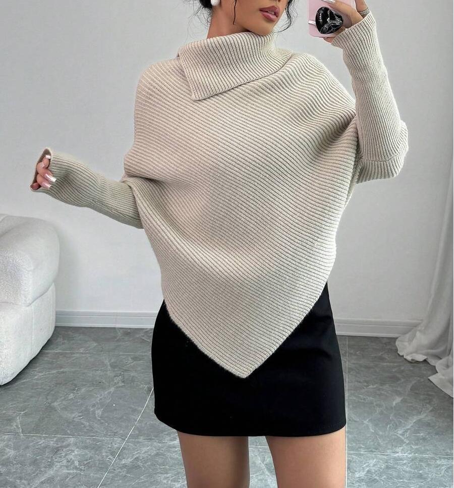 Damen Oversized Strickpullover mit asymmetrischem Saum und hohem Kragen Drune