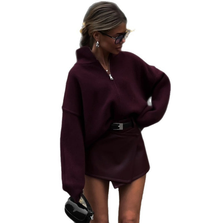 Damen Oversized Knitted Pullover mit halbem Reißverschluss Drune