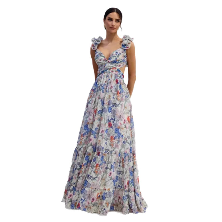Damen Maxikleid im romantischen Vintage-Stil mit fließendem Rock und Rüschendetails Drune