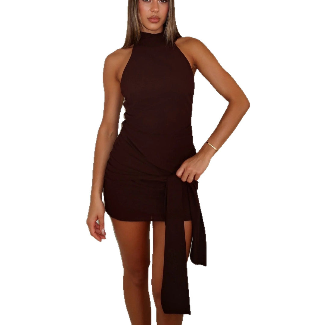 Damen Figurbetontes Wickelkleid mit hochgeschlossenem Halter Design Drune