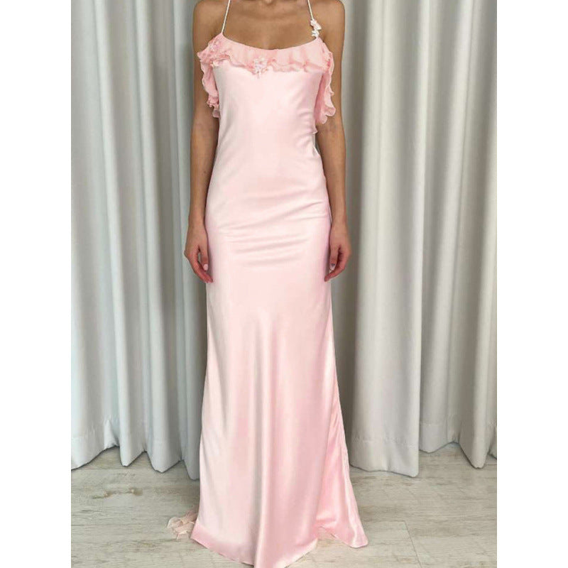 Damen Maxi-Kleid mit eleganten Rüschendetails und tiefem Rückenausschnitt Drune
