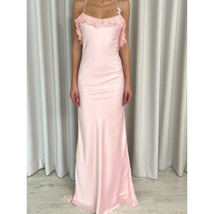 Damen Maxi-Kleid mit eleganten Rüschendetails und tiefem Rückenausschnitt Drune