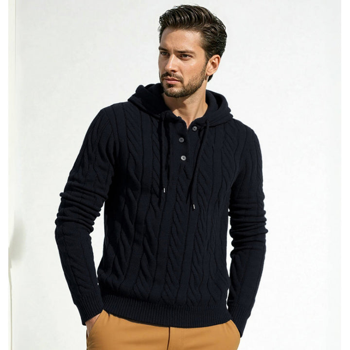 Herren stylischer Strickpullover mit Kapuze und Knopfdetails Drune