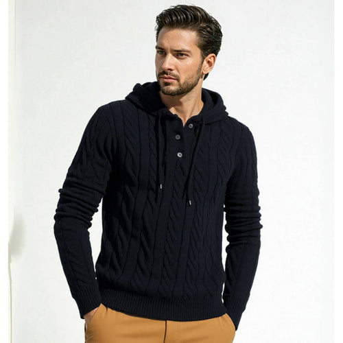 Herren stylischer Strickpullover mit Kapuze und Knopfdetails Drune
