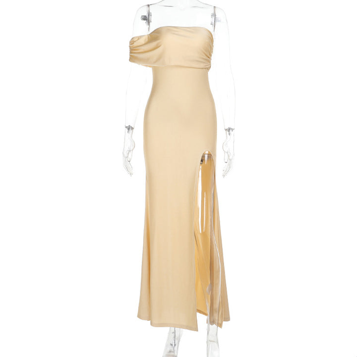 Damen schulterfreies Maxikleid mit eleganter Drapierung und hohem Schlitz Drune