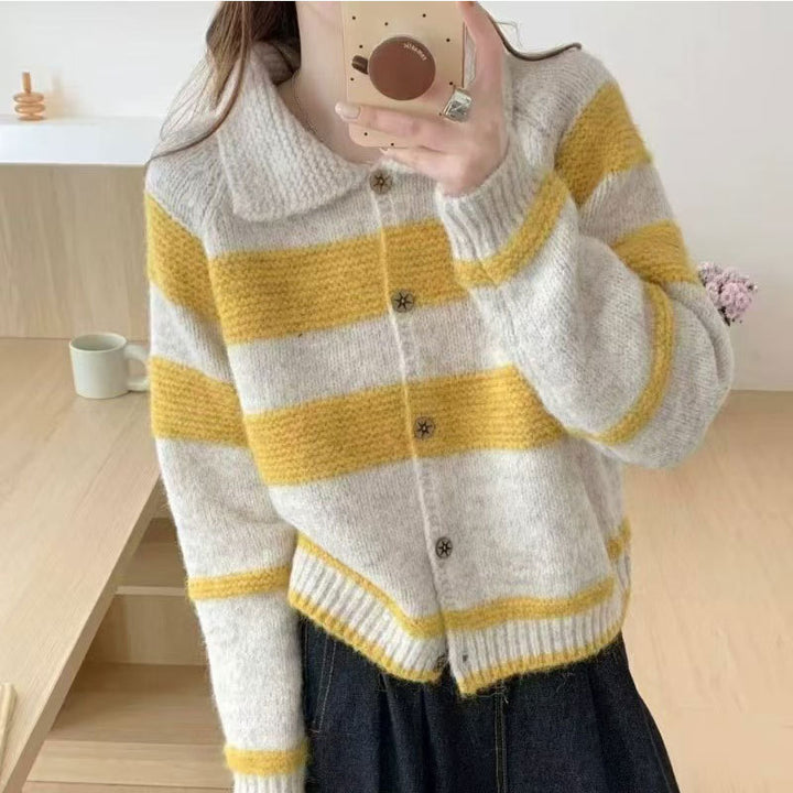 Damen Strickjacke mit dekorativem Kragen und modischen Streifen Drune