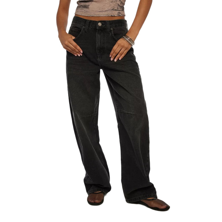 Damen lässige weite Jeans mit hoch geschnittenem Bund und seitlichen Taschen Drune
