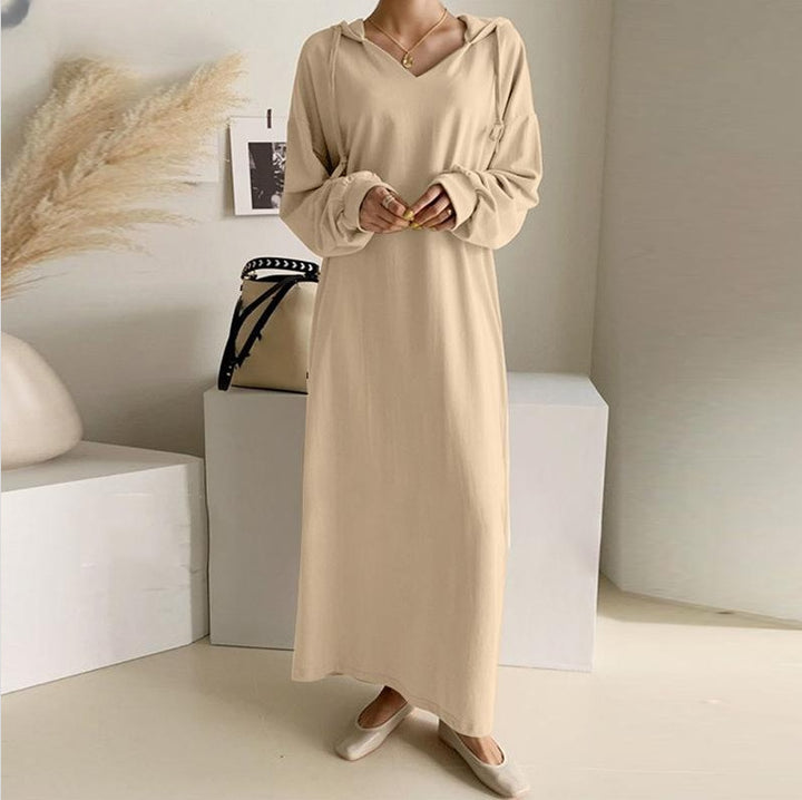 Damen nan lässiges Kapuzen-Maxikleid mit V-Ausschnitt, langen Ärmeln, lockerem geradem Schnitt und elastischen Bündchen Drune