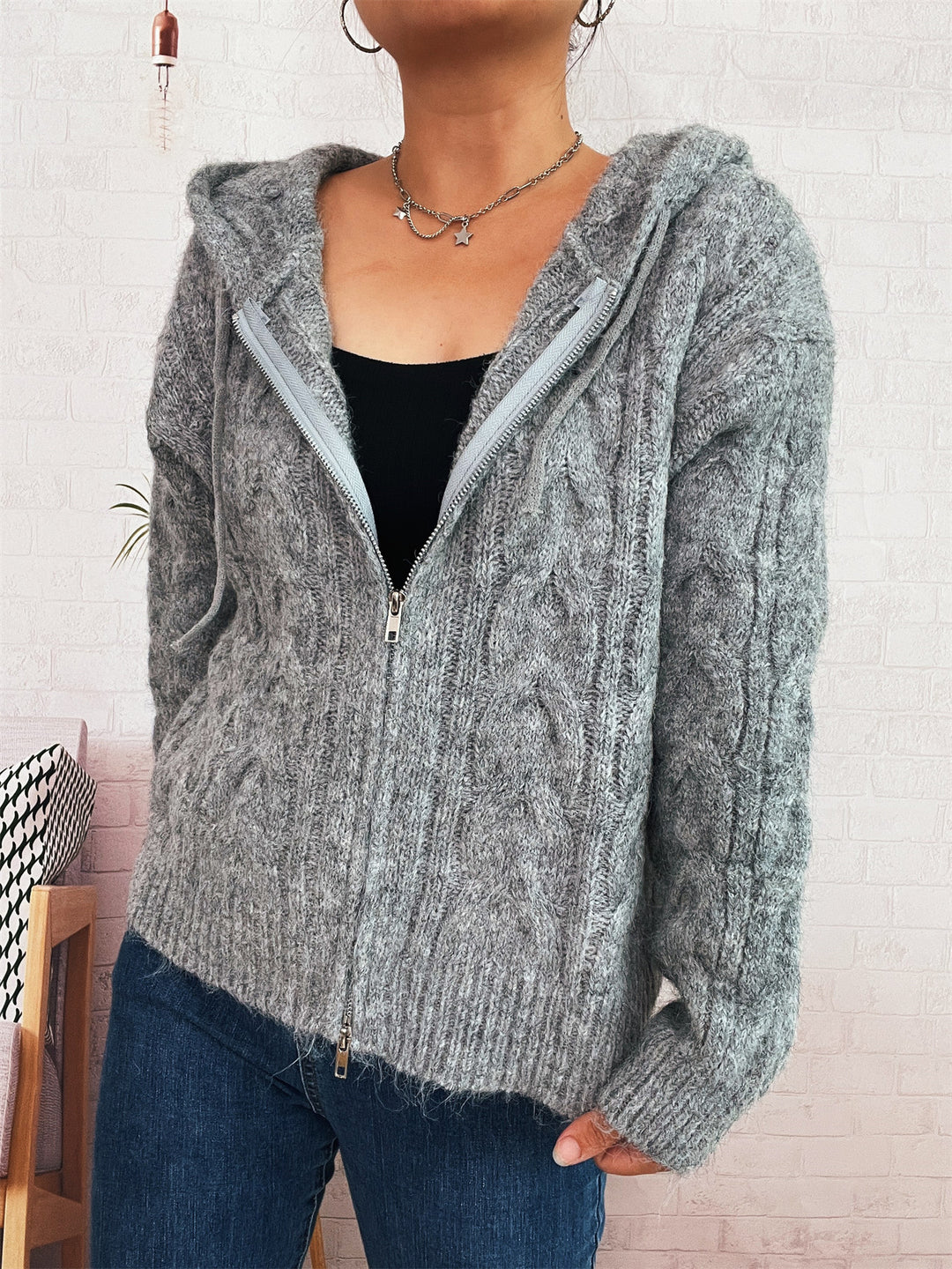 Damen gestreifter Grobstrick-Zip-Hoodie mit Kapuze und weichem Material Drune