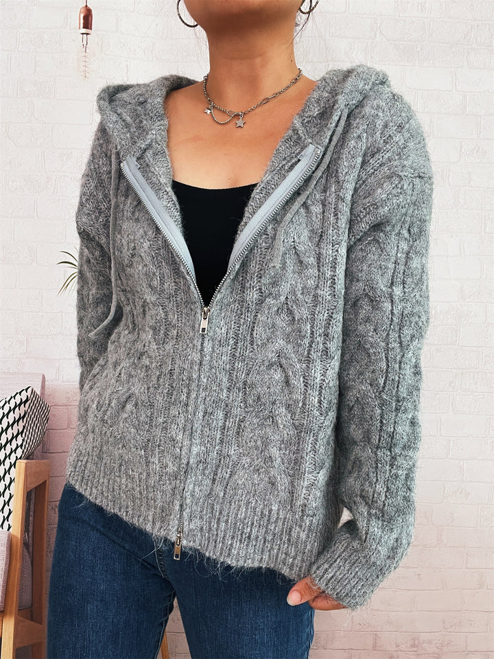 Damen gestreifter Grobstrick-Zip-Hoodie mit Kapuze und weichem Material Drune