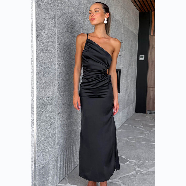 Damen Elegant Drapiertes Maxikleid mit asymmetrischem Schnitt und hohem Schlitz Drune