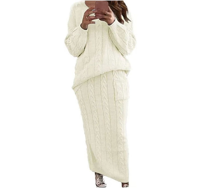 Damen nan Strickset Oversized Zopfmuster-Pullover und Maxi-Bleistiftrock mit aufgesetzter Tasche Drune