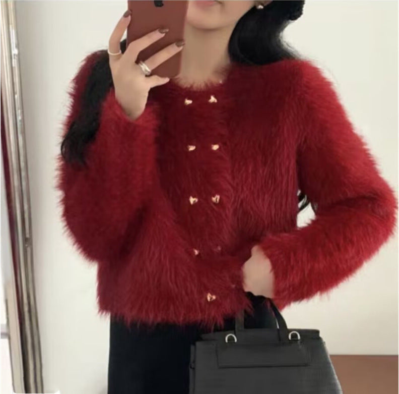 Damen kuschelige Strickjacke mit dekorativen Knöpfen Drune