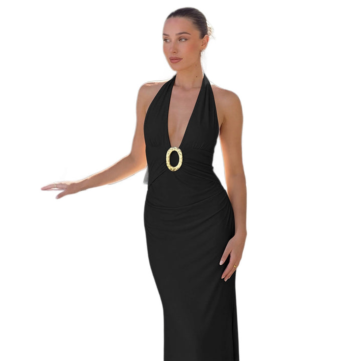 Damen Maxikleid mit tiefem V-Ausschnitt und eleganten Raffungselementen Drune