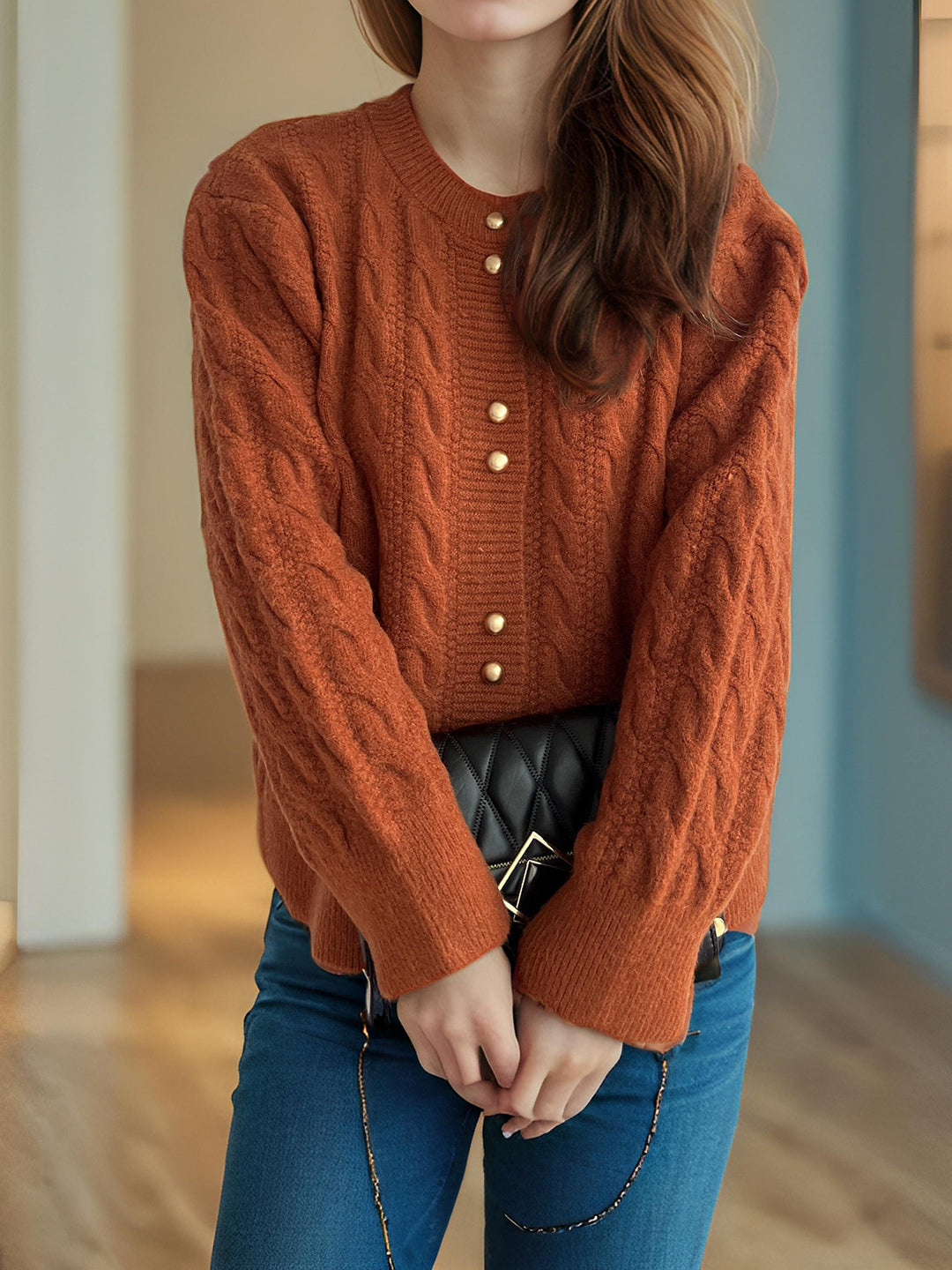 Damen Grobstrickjacke mit dekorativen Knöpfen und Kabelmuster Drune