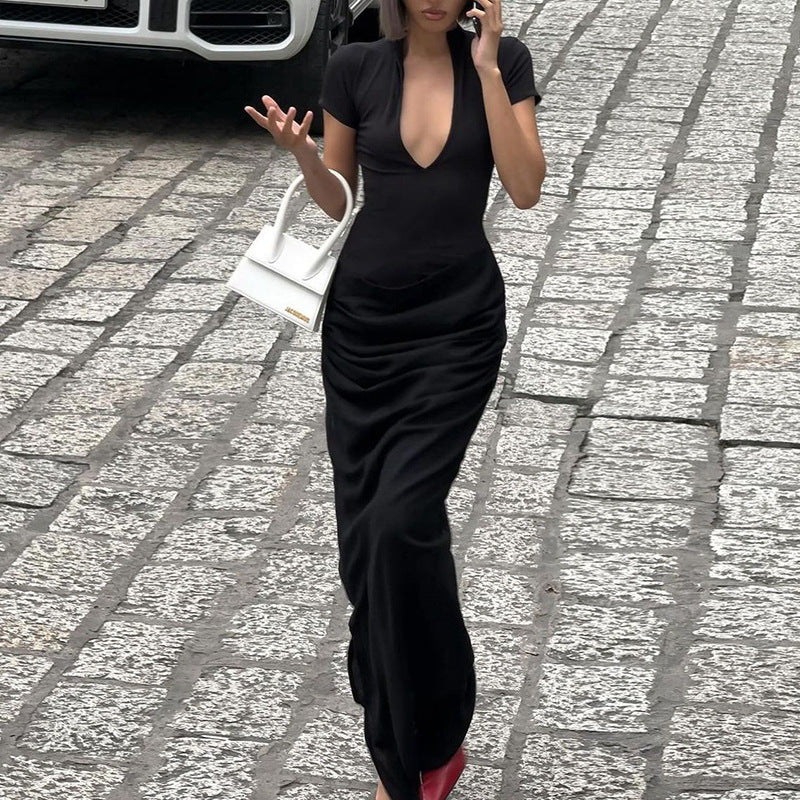 Damen Elegantes Maxikleid mit tiefem Ausschnitt und Raffungen Drune