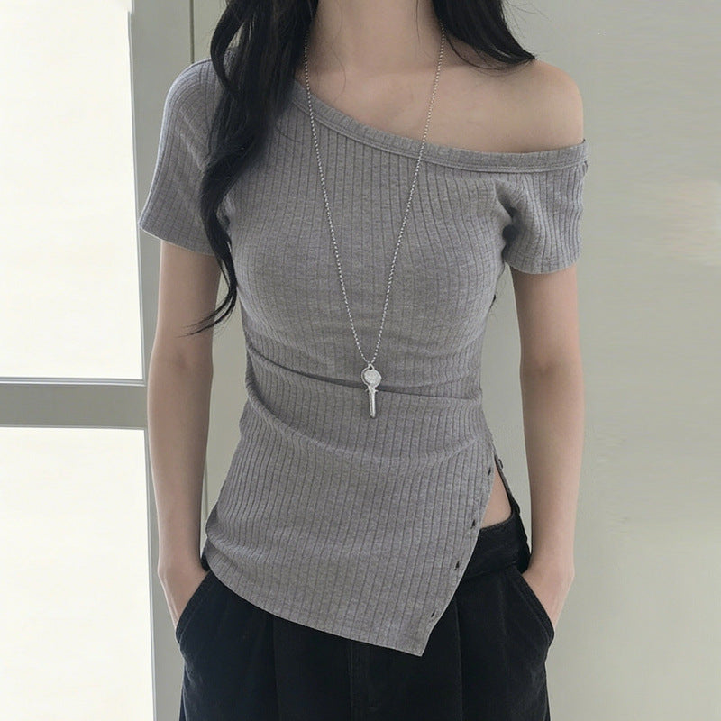 Damen asymmetrisches Kurzarm-Oberteil mit Knopfdetails und einzigartigem Schnitt Drune