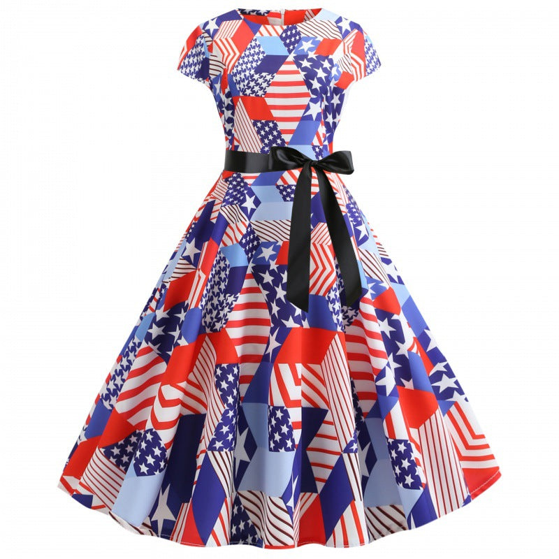 Damen Midikleid mit buntem Flaggenmuster und eleganter Taillenbindung Drune