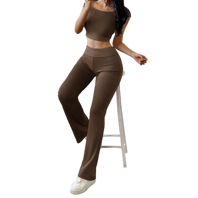 Damen sportliches Zweiteiler-Set mit Off-Shoulder-Oberteil und lässigen Schlaghosen Drune