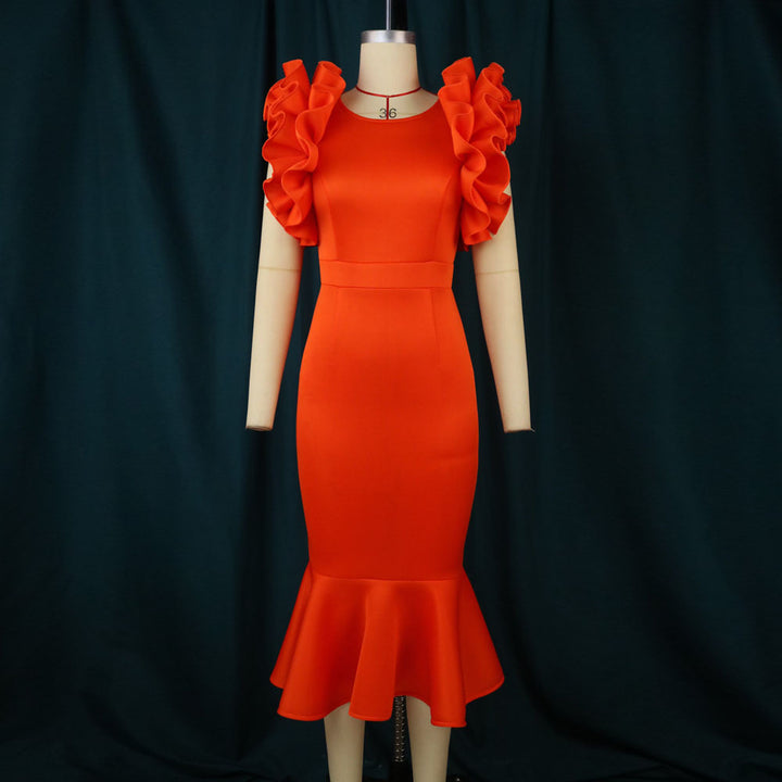 Damen figurbetontes Kleid mit voluminösen Rüschensäumen Drune