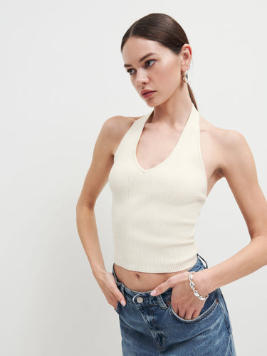 Damen figurbetontes Haltertop mit tiefem V-Ausschnitt und Rippstruktur Drune