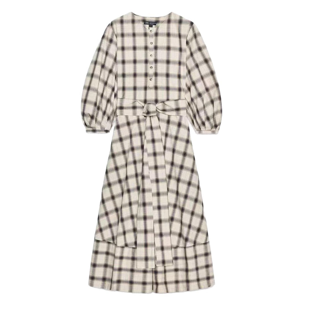 Damen Karierte Maxikleid mit Taillengürtel Drune